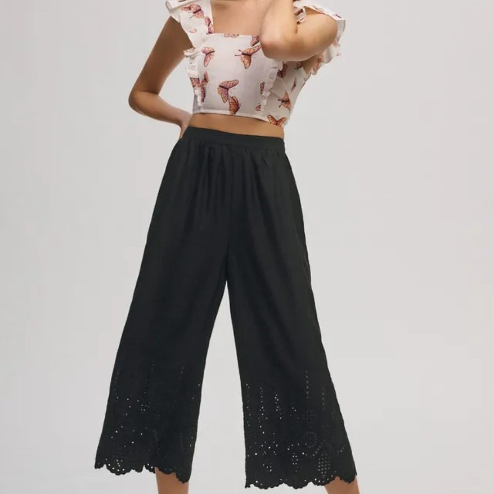 By Anthropologie Wide-Leg Eyelet Black Embroidered Pants New S